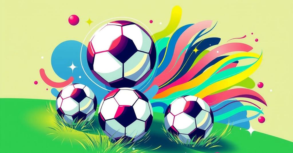 Colorful illustration of soccer themes, featuring soccer balls, field, and vibrant scenery in a dynamic design.