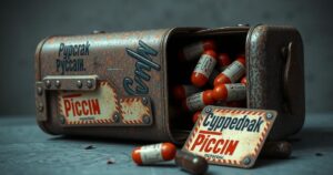 A fabricated container housing suspicious capsules, depicting a low-quality disinformation narrative.