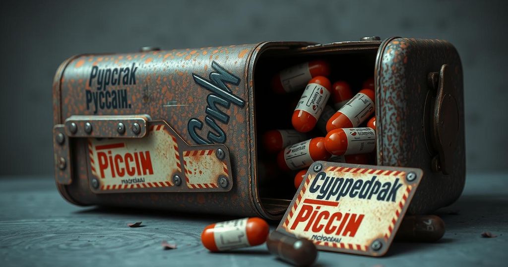 A fabricated container housing suspicious capsules, depicting a low-quality disinformation narrative.