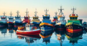A fleet of diverse tugs in a serene harbor, showcasing Canadian designs with a calm blue and green color palette.