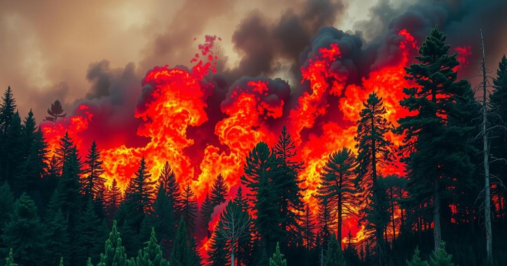 An intense wildfire in a vibrant forest, with bright flames contrasting against dark smoke in a dramatic landscape.