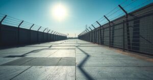 A prison environment with a barbed wire fence and clear blue skies, representing security and confinement.