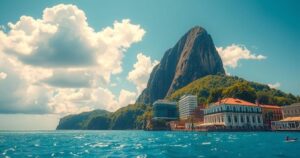 A vibrant view of Rio de Janeiro's landscape showcasing the iconic sugarloaf mountain under a bright blue sky.