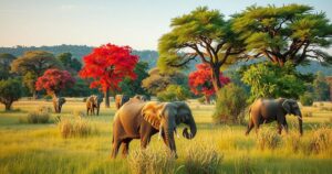 A tranquil scene of South Luangwa National Park with elephants and lush greenery in a serene natural setting.