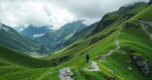 Devotees trekking along a mountainous path, surrounded by greenery and clouds, in a serene landscape.