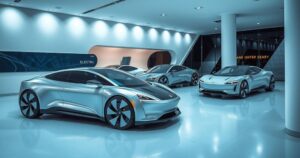 Futuristic electric vehicles on display in a sleek modern showroom, showcasing advanced technology and design.