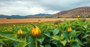 A vibrant field of green chile plants under rainy clouds in New Mexico, showcasing the plant growth process.