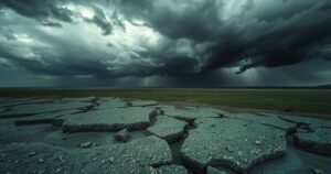 Dramatic landscape of Mali with rugged terrain and dark stormy skies, depicting tension and conflict in the region.