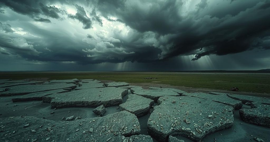 Dramatic landscape of Mali with rugged terrain and dark stormy skies, depicting tension and conflict in the region.