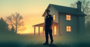 A tranquil rescue scene depicting a police officer with a badge and a silhouette of a house in muted colors.