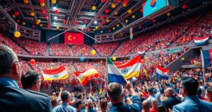 Vibrant stadium filled with excited delegates at a political conference, showcasing a strong sense of unity and support.