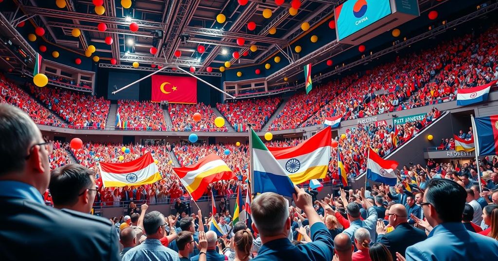 Vibrant stadium filled with excited delegates at a political conference, showcasing a strong sense of unity and support.