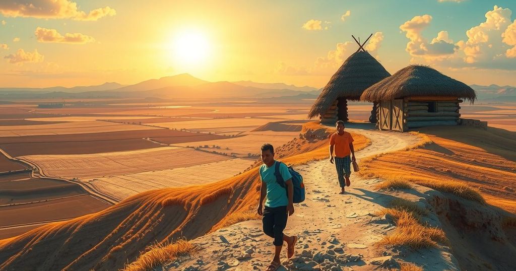 An emotional scene depicting Venezuelan migrants returning home, showcasing resilience and hope amidst desolate landscapes.