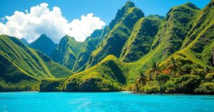 A vibrant coastal landscape of Saint Lucia with lush greenery and a bright blue sky, capturing Caribbean beauty.