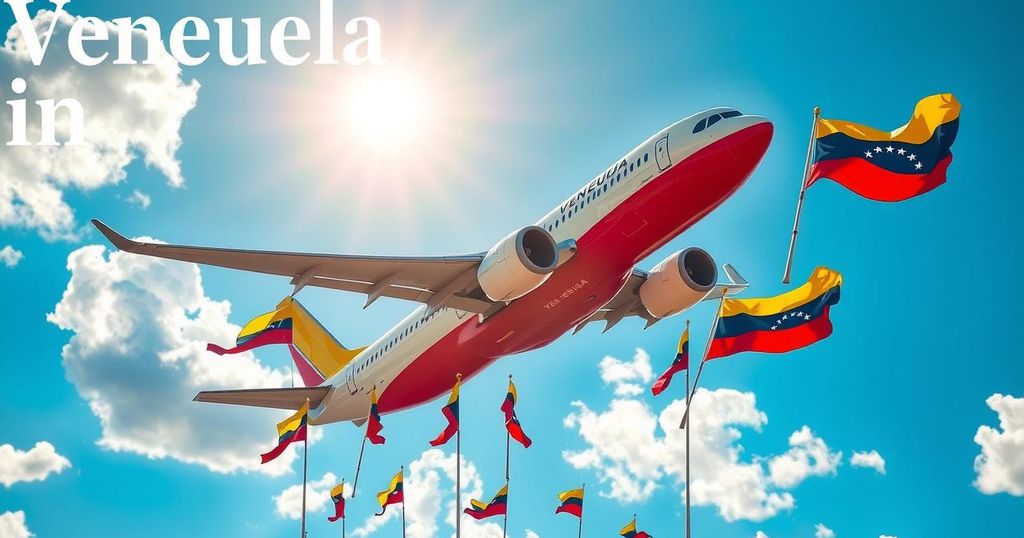 Venezuelan flight delivering deportees shows flags, planes, and national symbols, with vibrant colors representing freedom.