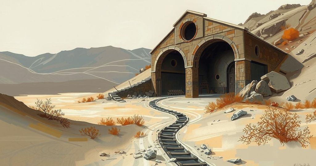 A deserted gold mine in Central African Republic, surrounded by barren land, with a somber color gradient of gray and brown.