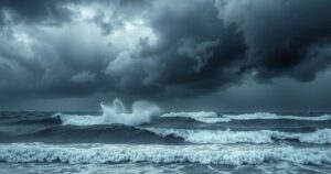 Coastal North Carolina with dark skies and turbulent ocean waves during a storm alert.
