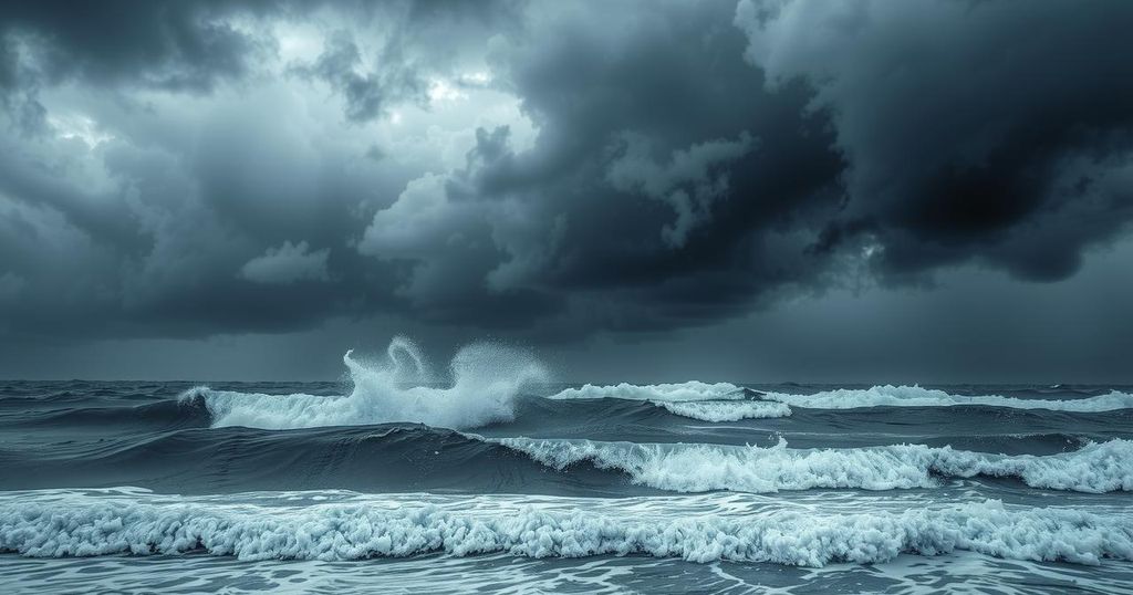 Coastal North Carolina with dark skies and turbulent ocean waves during a storm alert.