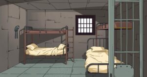 A secure prison cell with minimal furniture and barred windows, depicting a somber atmosphere.
