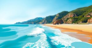 Vibrant summer scene of Mediterranean coastline with blue sea and clear skies, showcasing the beauty of southern Europe.