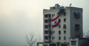 A foggy landscape with a dilapidated building reflecting political tension in Lebanon's governance.
