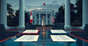 A serene White House setting with a formal signing ceremony between countries, capturing diplomatic interactions.