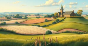 A serene countryside scene with open space and lush fields representing community priorities and growth.