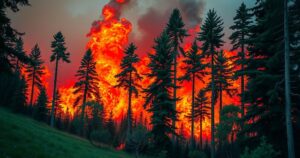 Aerial view of a forest fire with smoke and flames, contrasted against lush greenery.
