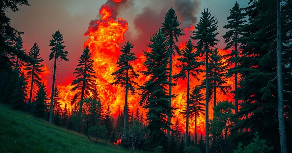 Aerial view of a forest fire with smoke and flames, contrasted against lush greenery.