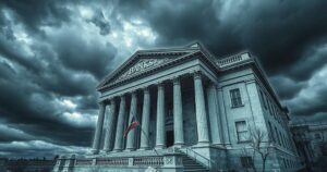 A conceptual illustration of a crumbling bank building amidst a stormy sky, reflecting economic turmoil and uncertainty.