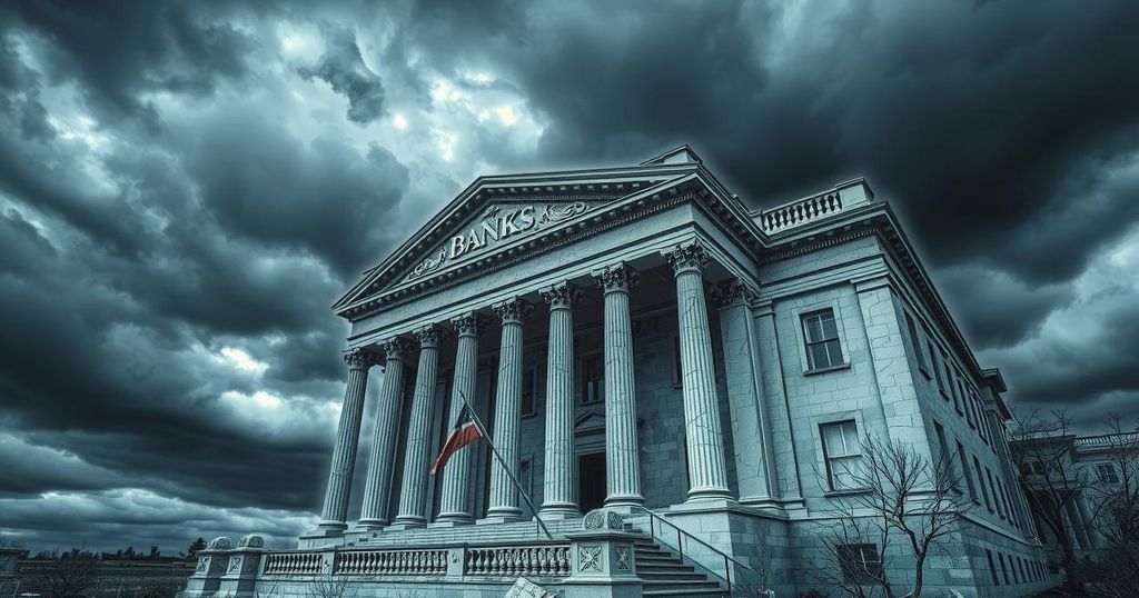 A conceptual illustration of a crumbling bank building amidst a stormy sky, reflecting economic turmoil and uncertainty.