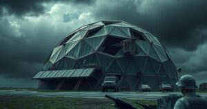 Geodesic dome structure with a military aesthetic, surrounded by stormy weather, showcasing elements of conflict.
