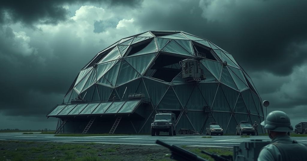 Geodesic dome structure with a military aesthetic, surrounded by stormy weather, showcasing elements of conflict.