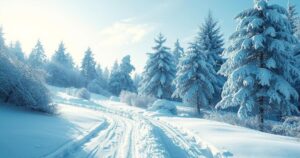 Snowy landscape in a cold region with frosty trees and a bright sky, capturing the intensity of winter weather.
