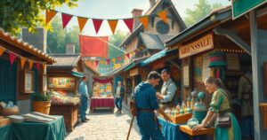 A vibrant medieval scene showcasing colorful market stalls and cheerful decorations at a Renaissance Festival.
