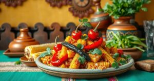 A vibrant Peruvian dish showcasing fresh ingredients, with colorful herbs, spices, and traditional utensils in an inviting setting.