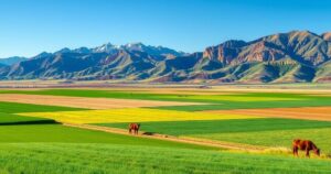 A peaceful Colorado landscape with farms and mountains under a blue sky, reflecting agricultural richness and nature.
