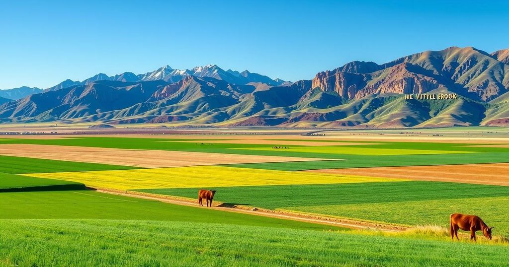 A peaceful Colorado landscape with farms and mountains under a blue sky, reflecting agricultural richness and nature.