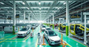 Electric vehicle assembly factory in Brazil with modern industrial design and green accents.