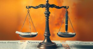 Scales of justice balanced with a newspaper and a pen, representing press freedom and gender equality in media