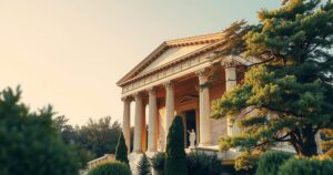 A symbolic depiction of aging leadership and political continuity in muted colors, featuring a symbolic structure with shadows.