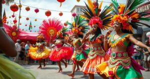 Dynamic carnival scene with colorful costumes, vibrant dancers, and lively music performance highlights.