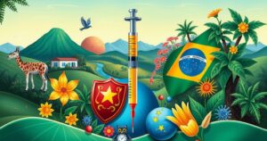 Colorful depiction of a cross-border vaccination campaign with symbolic elements representing health collaboration.