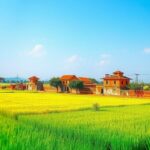 A serene landscape highlighting cultural elements from Punjab, with lush green fields and a peaceful village atmosphere.
