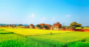 A serene landscape highlighting cultural elements from Punjab, with lush green fields and a peaceful village atmosphere.