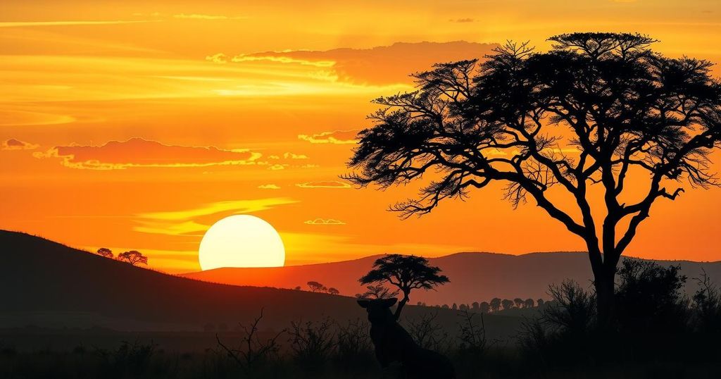 Silhouette of a vibrant savanna landscape at sunset with acacia trees and a colorful sky.