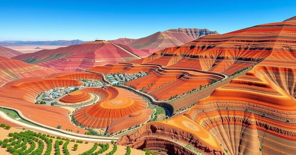 A vibrant Moroccan landscape featuring terraced villages and mineral-rich hills under a bright blue sky.