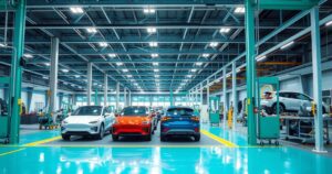 An electric vehicle assembly factory in Brazil, showcasing modern technology and vehicles under bright lights.