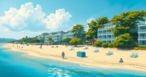 A scenic view of Wonsan beach resort in North Korea showcasing modern architecture and natural beauty.