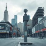 An illustration of a city skyline under lockdown, showcasing closed shops and empty streets, in a gray color scheme.